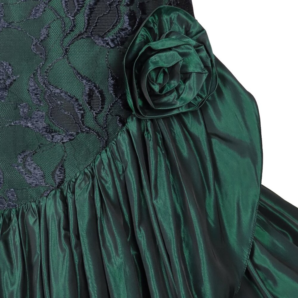 Vintage 80s Black Lace Green Long Sleeve Mermaid Full Skirt Prom Party Dress M - Picture 9 of 10